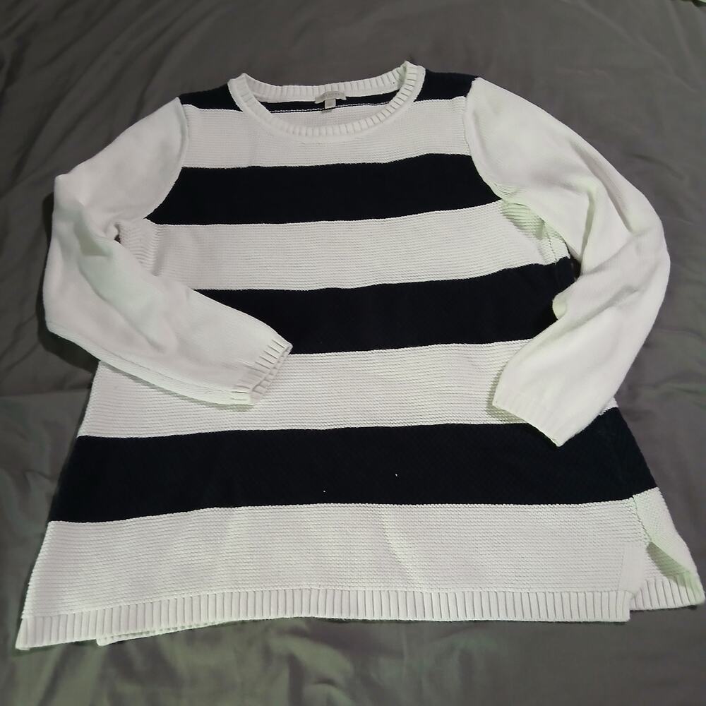 Talbots Large petite 3/4 Sleeve NAVY/WHITE 100% Cotton Tunic Sweater NAUTICAL